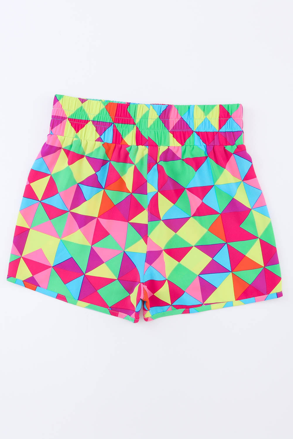 Geometric Prism Running Shorts in multicolor with elastic waistband and colorful triangle pattern.