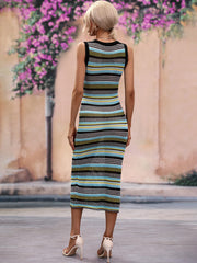 Striped knit sleeveless midi dress with blue, yellow, and black stripes.