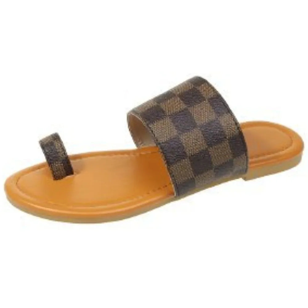 Brown checkered toe-loop flat sandals with a tan sole.