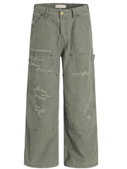 Rugged distressed wide-leg cargo pants in olive green with carpenter details.