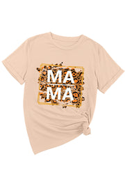 Tan cotton graphic tee with leopard print and "Mama" text, cuffed sleeves, knotted hem
