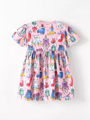 Children's Cartoon Print Short Sleeve Dress, fabric detail