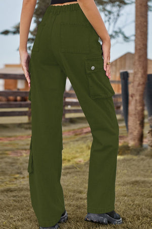 Army green denim cargo pants with relaxed wide legs and utility pockets.