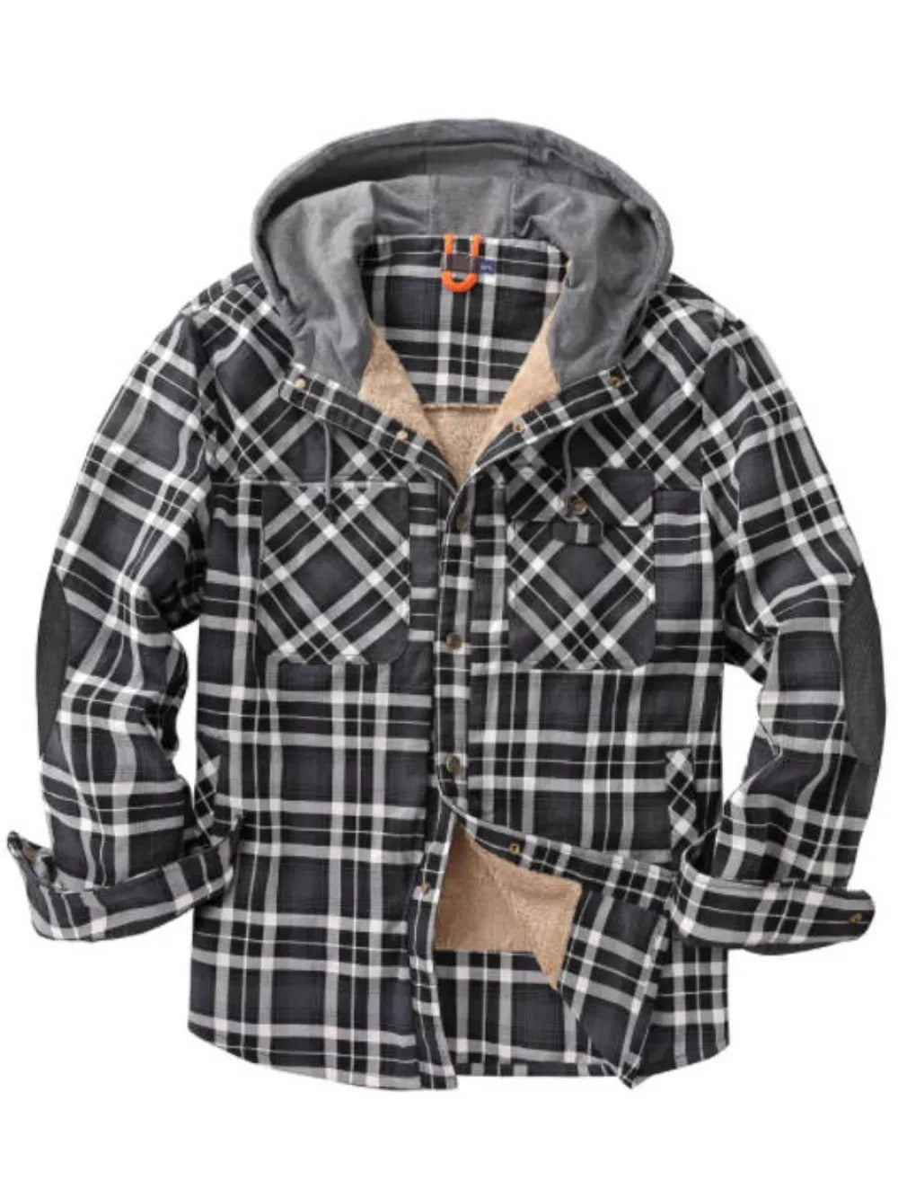 Men's grey plaid flannel hooded jacket with sherpa lining and elbow patches.
