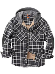 Men's grey plaid flannel hooded jacket with sherpa lining and elbow patches.