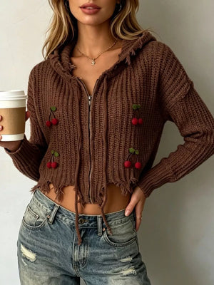 Cherry Knit Zip-up Hooded Sweater in Black, fabric detail