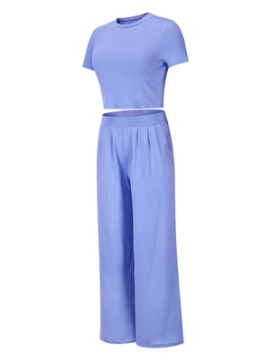 Cloudy Blue pleated waist crop top and wide leg pants set