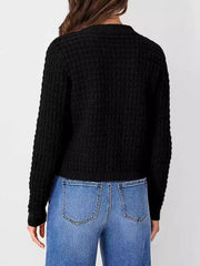 Black textured knit button-up cardigan with a waffle knit pattern and ribbed cuffs.