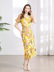 Embroidered Floral Puff Sleeve Midi Dress