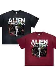 Black and burgundy oversized graphic tees with an Alien movie print.