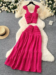 Rose Red textured two-piece set with ruffled details, buttoned crop top and tiered maxi skirt