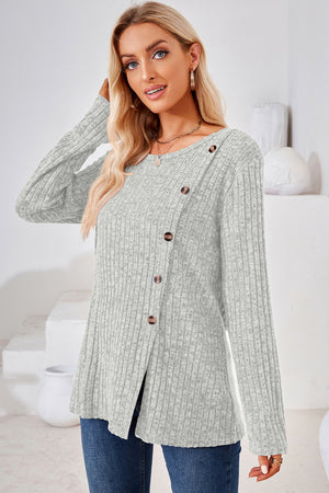 Light Gray ribbed knit top with asymmetric button detail and long sleeves.