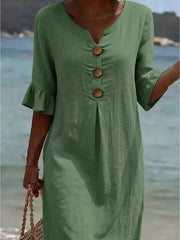 Green ruffled sleeve button detail dress with V-neck and three wooden buttons.