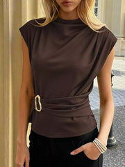 Coffee brown mock neck t-shirt with cap sleeves and a gold buckle detail at the waist.