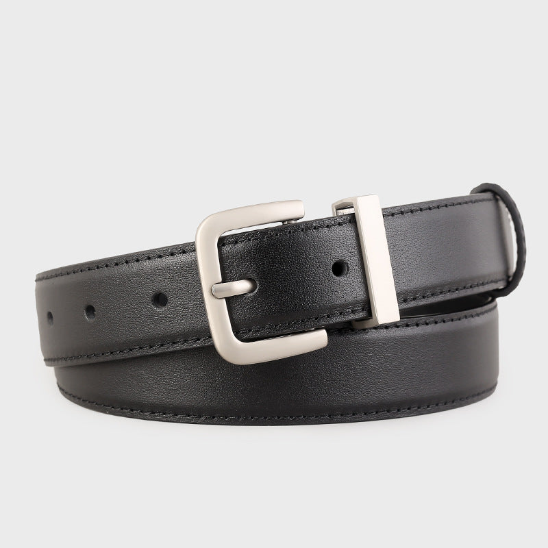 Black cowhide leather belt with minimalist silver buckle