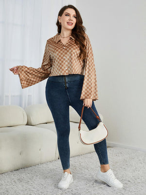 Retro checkered bell sleeve blouse with button front and collared neckline.
