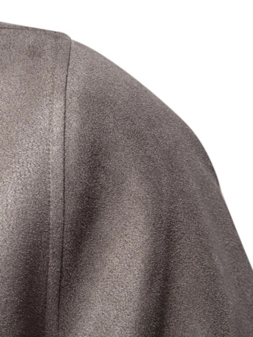 Dark Gray suede-effect bomber jacket detail showing shoulder seam and textured fabric.