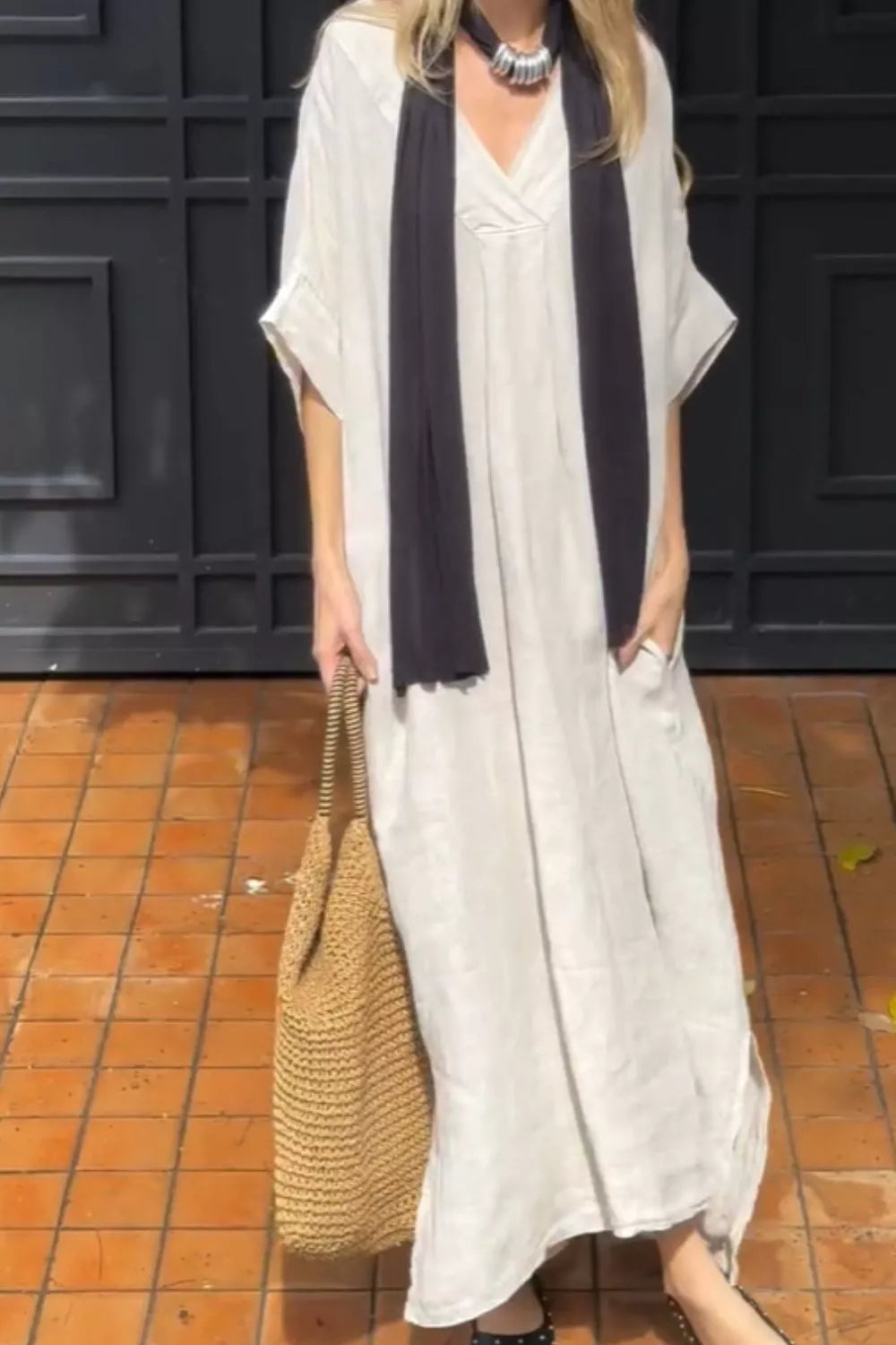 Full Size V-neck Maxi Dress Plus Size in Navy Blue, side view