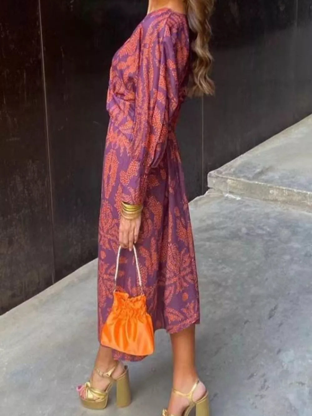 Printed V-neck Long Sleeve Twisted Midi Dress Plus Size in Dark Green, model styling view