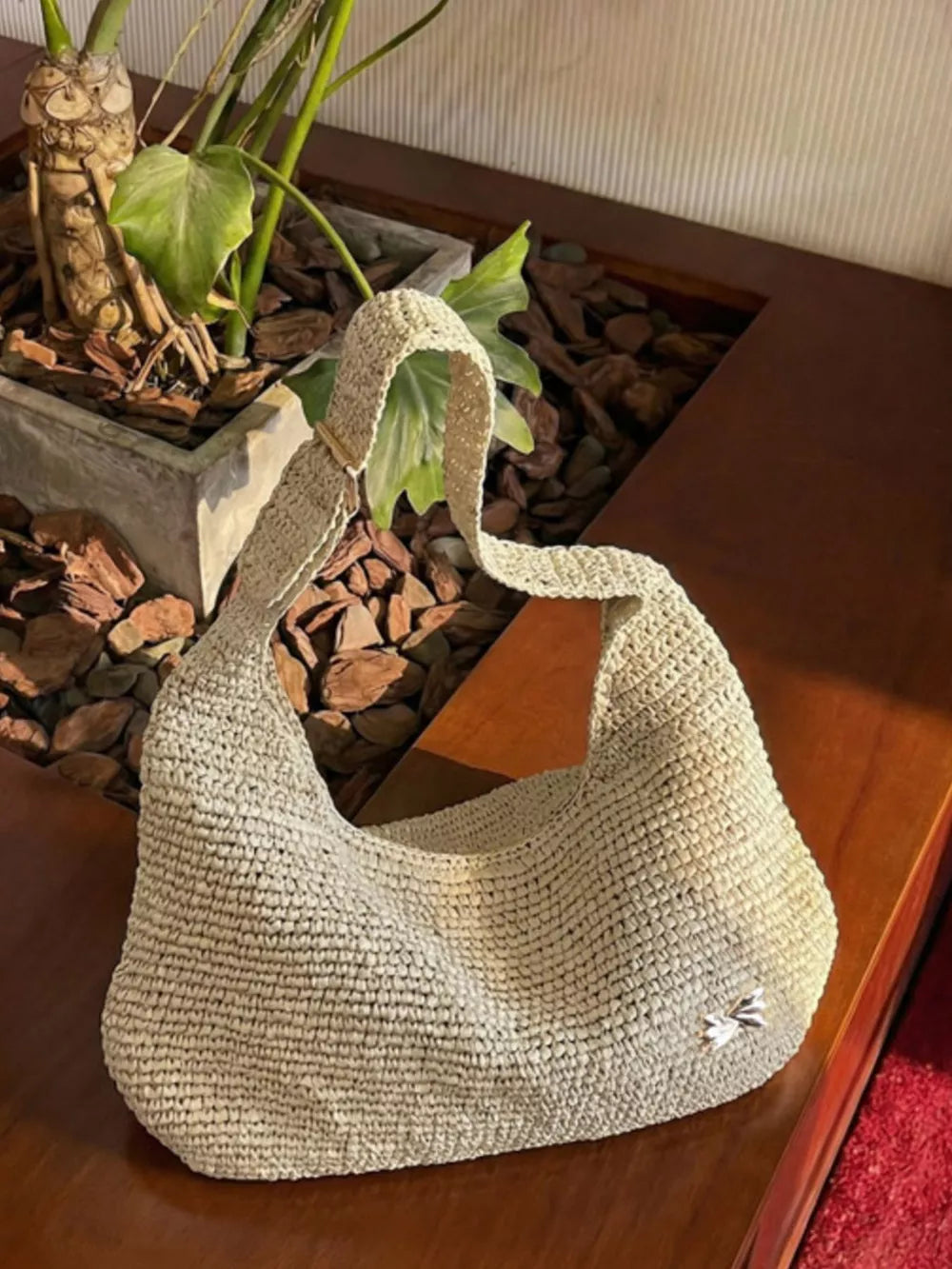 Woven Casual Beach Shoulder Bag in Ivory, front view