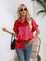 Deep Red satin boxy sleeve blouse with button-down front and cuffed sleeves.