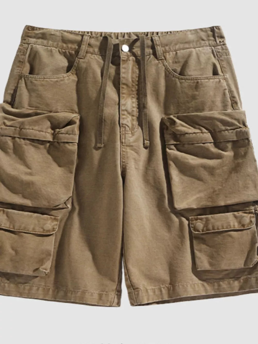 Camel multi-pocket cargo shorts with drawstring waist and button closure.