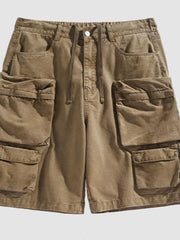 Camel multi-pocket cargo shorts with drawstring waist and button closure.