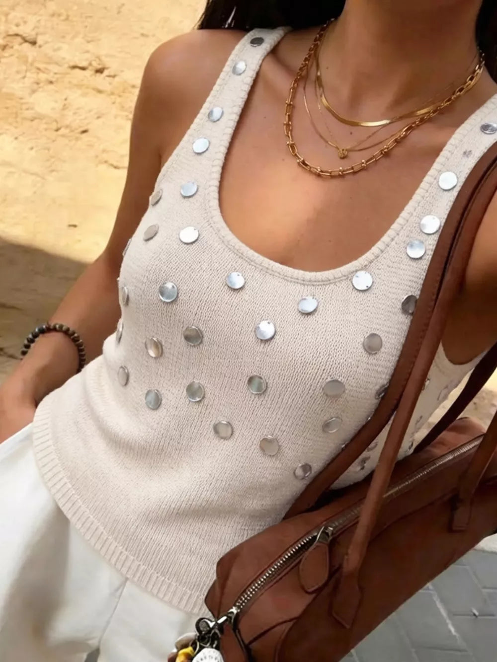 Sequin Scoop Neck Tank in Beige, model styling view