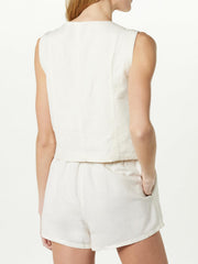 White linen vest and drawstring shorts set with a relaxed fit.