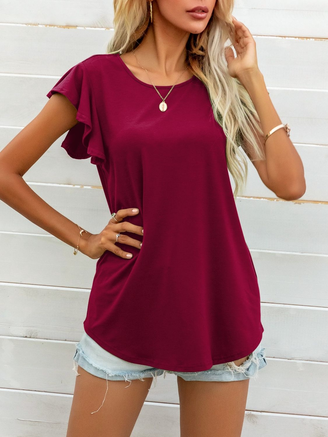 Deep Red A-line tee with ruffled short sleeves and a crew neck.