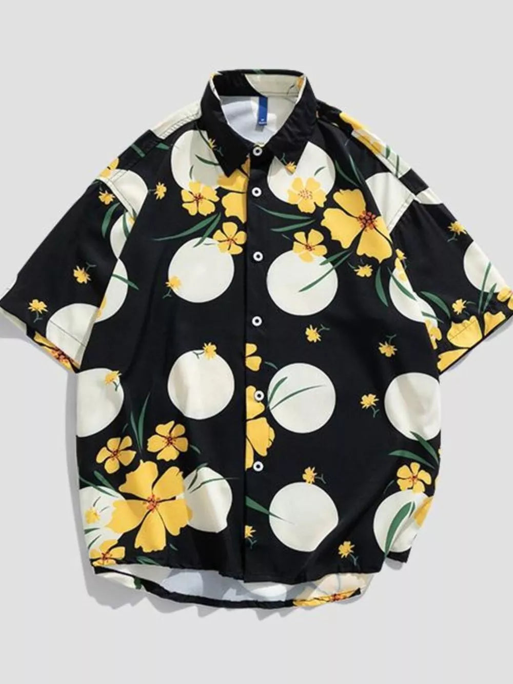 Black oversized button-up shirt with yellow floral and white circle print