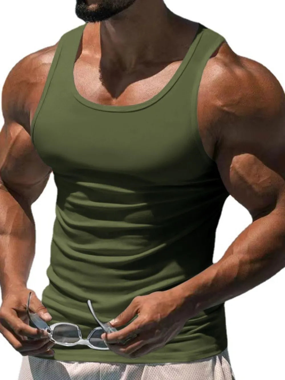 Moss green sculpted scoop neck tank top with a fitted silhouette.
