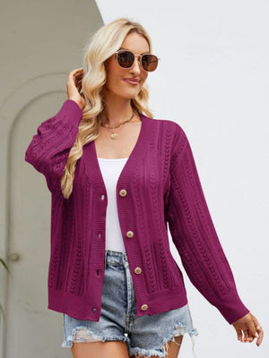 Deep purple ribbed trim cardigan with button front and open knit detail.