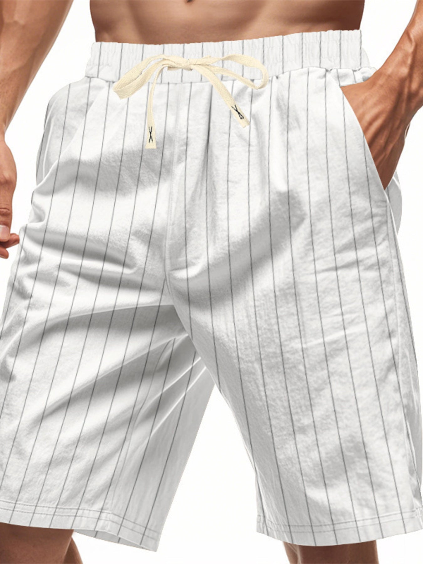 Men's white pinstripe chino shorts with drawstring waist and side pockets.