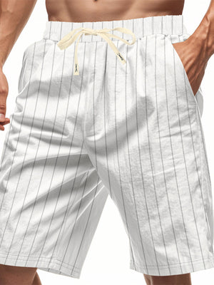 Men's white pinstripe chino shorts with drawstring waist and side pockets.