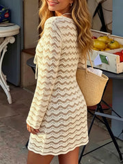 Wavy Crochet Knit V-neck Mini Dress