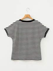 Black and white striped cotton t-shirt with black trim and scalloped sleeve detail.