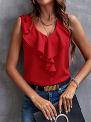 Scarlet sleeveless blouse with cascading ruffles and V-neck.
