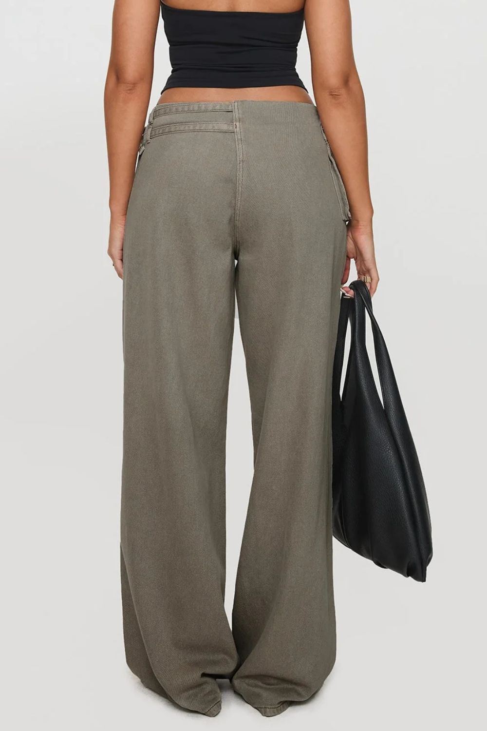 Utility buckle flared denim trousers in dark gray cotton with a wide leg