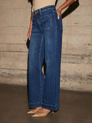 Sailor-inspired wide leg jeans in medium wash denim with utility pockets.