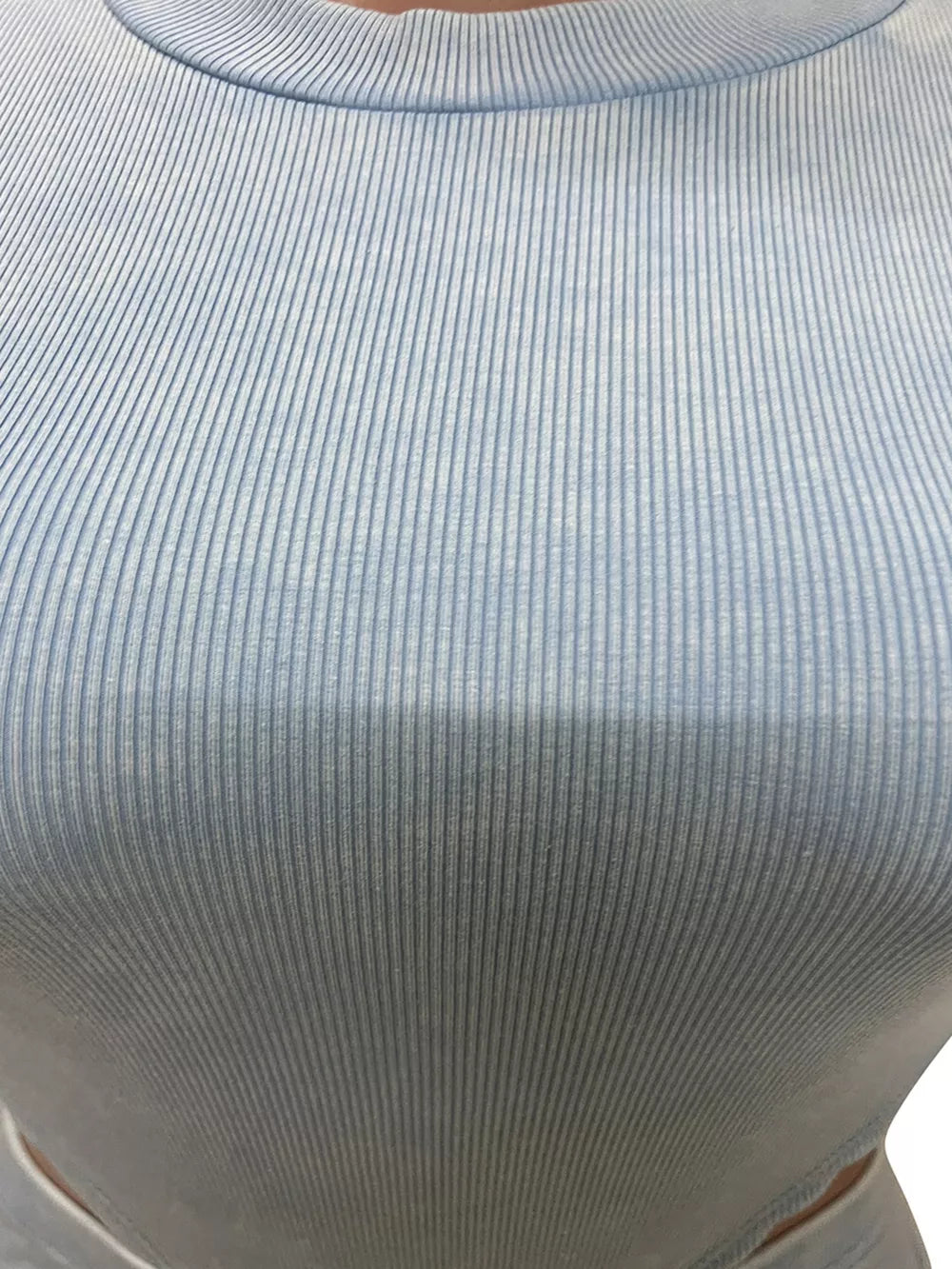 Sky blue ribbed crop top with crew neck, part of a two-piece set.