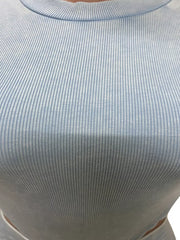 Sky blue ribbed crop top with crew neck, part of a two-piece set.
