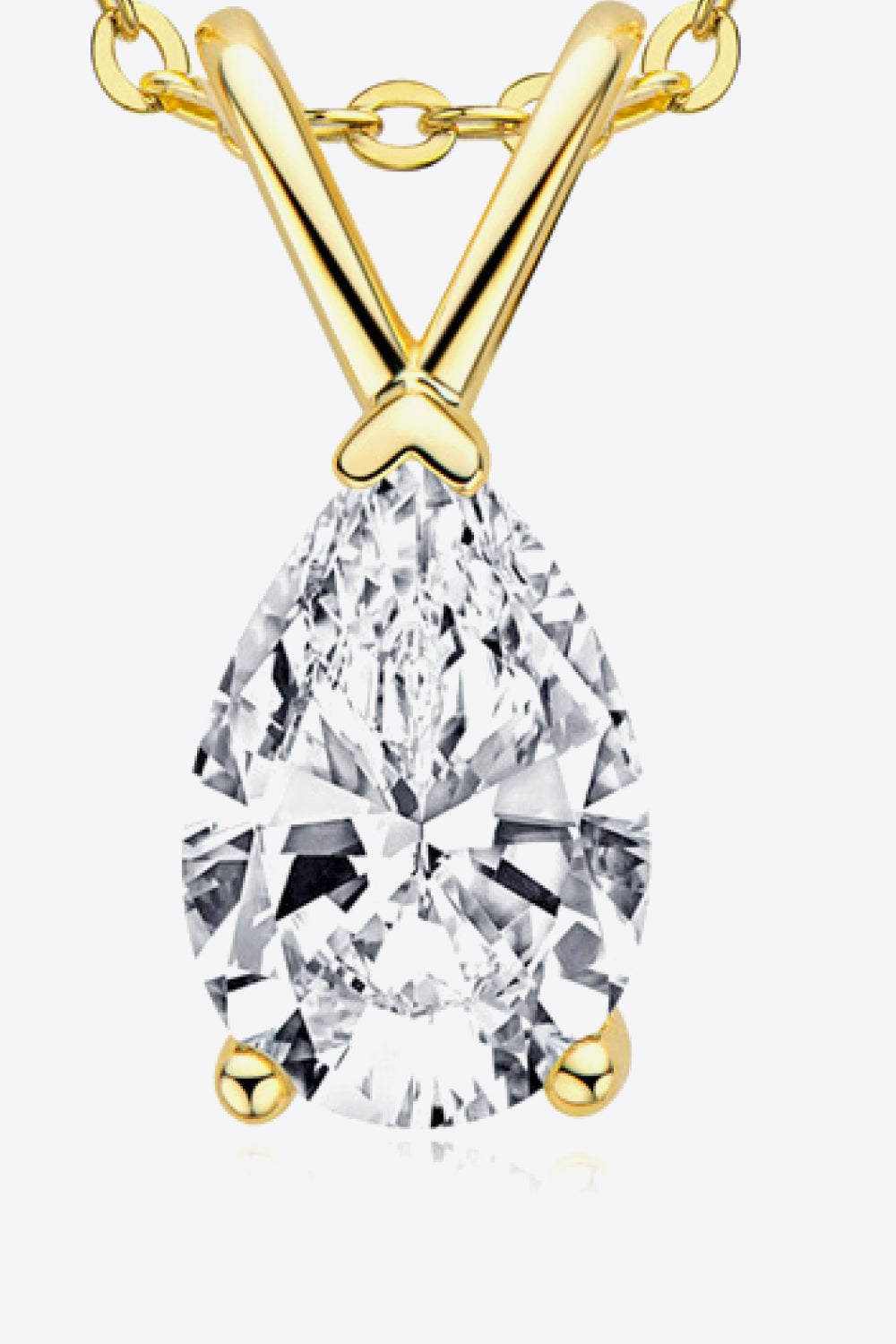 Gold pear cut moissanite pendant necklace with delicate chain and V-shaped bail.