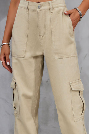 Tan cargo trousers with multiple pockets and elasticated cuffs, detailed view.