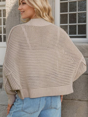 Open-knit boxy cardigan in camel with a sculpted collar and ribbed hem.