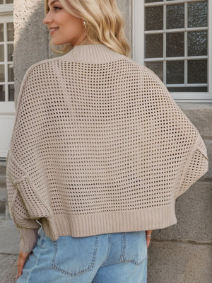 Open-knit boxy cardigan in camel with a sculpted collar and ribbed hem.