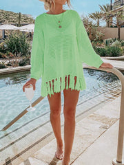 Open-knit beach cover-up in Neon Green with fringe hem and crew neck.