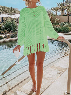 Open-knit beach cover-up in Neon Green with fringe hem and crew neck.