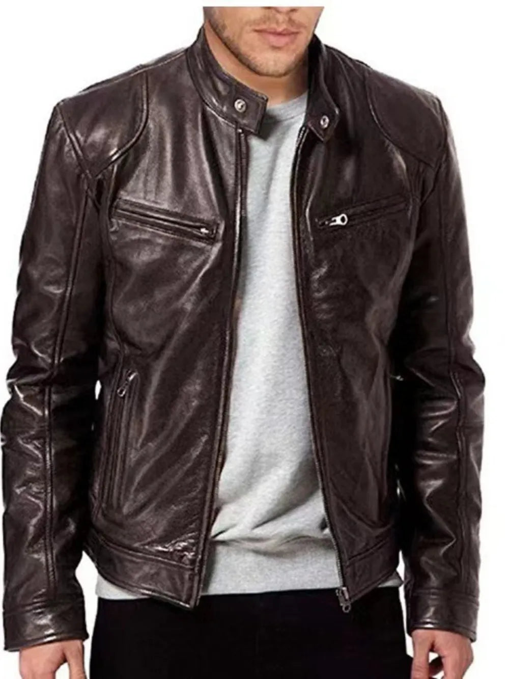 Men's Full Size Leather Biker Jacket in Blue, alternate angle