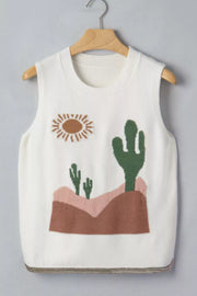 White knit sweater vest with desert cactus and sun graphic, crew neck, sleeveless.